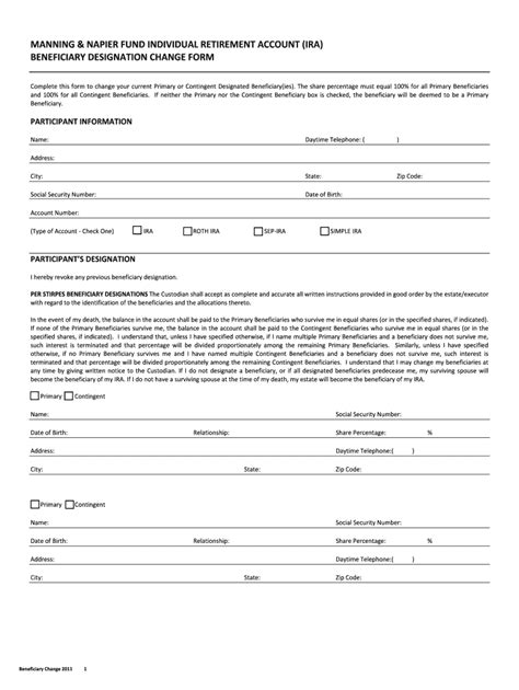 IRA Beneficiary Change Form Manning Napier Fill Out And Sign