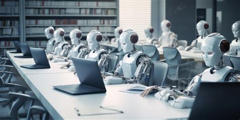 Premium Ai Image Many Identical Ai Robots Sitting At Desks In The