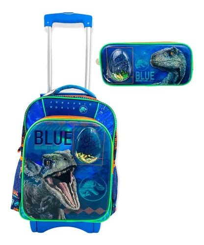 Mochila Para Carro Lancheira E Estojo Para Canetas Jurassic World Blue