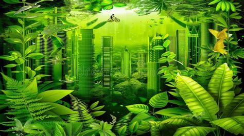 Green Urban Jungle With Skyscrapers And Nature Fusion Stock