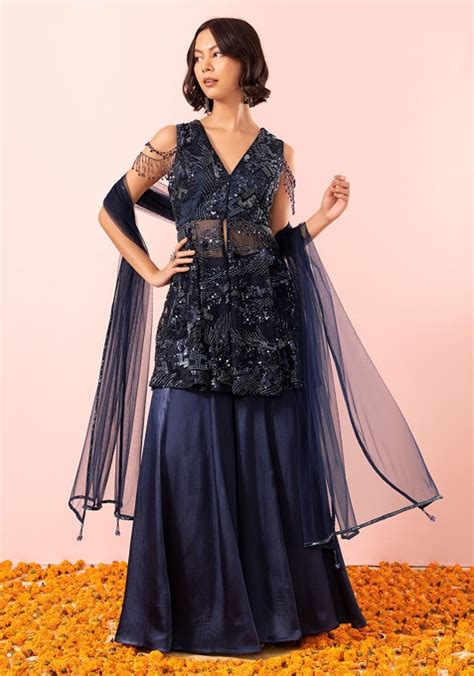 Buy Women Navy Blue Abstract Sequin Embroidered Kurta Set With Palazzo