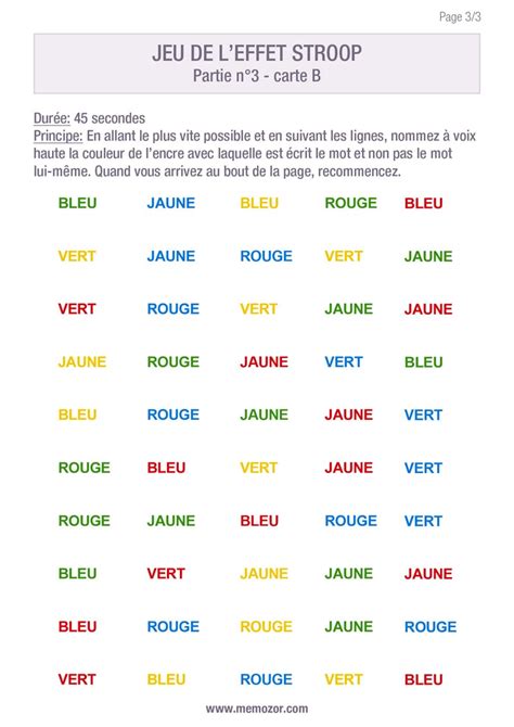 Test De Stroop à Imprimer Pdf Liste De Couleurs Et Mots Memozor