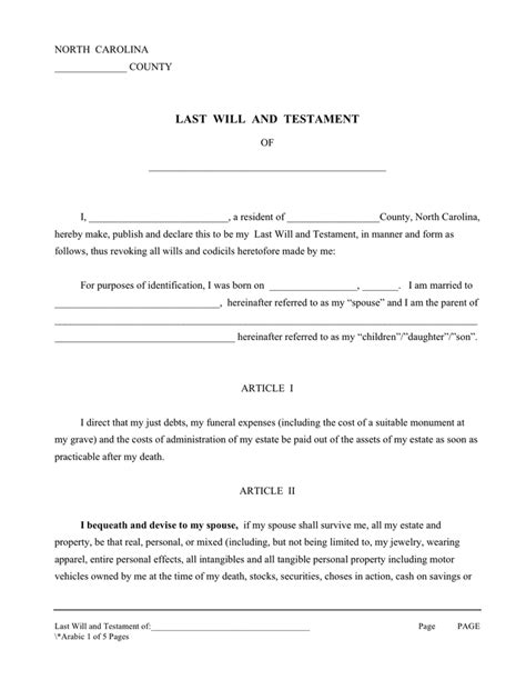 Free Legal Printable North Carolina Last Will And Testament Printable