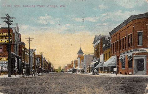 Antigo Wisconsin Fifth Ave Street Scene Historic Bldgs Antique Postcard