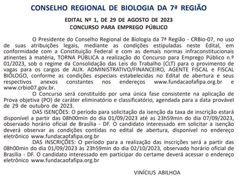 Concurso CRBio 7 Extrato De Edital Publicado Veja