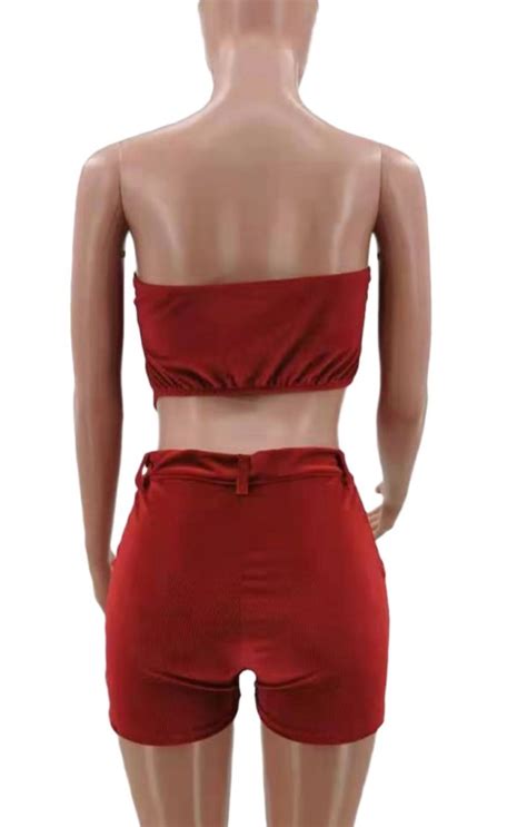 Wholesale Summer Red Velvet Sexy Strapless Crop Top And Shorts 2 Piece Set Global Lover