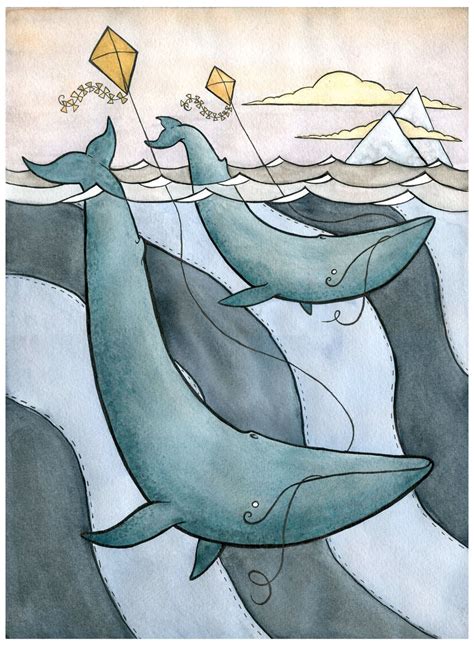 Blue Whales Flying Kites Blue Whale Art Giclee Print Etsy