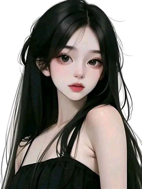 An Anime Girl With Long Black Hair And Dark Eyes Wearing A Black