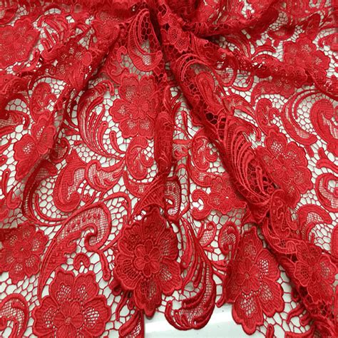 Premium Red Venice Guipure Lace Fabric Crochet Hollowed Flowers Leaves