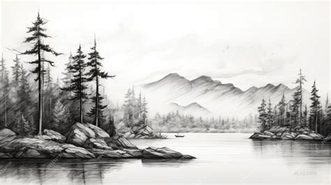 Premium Photo | Stylized Black And White Mountain Sketch With Pine ...