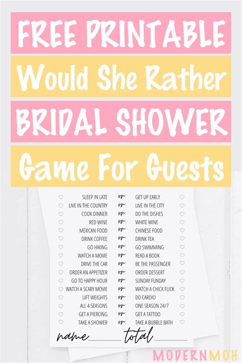 Would She Rather Bridal Shower Game Free Printable Modern Moh