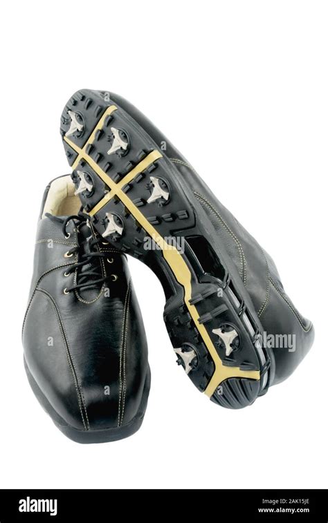 Two new and clean black leather golf shoes on an isolated white ...