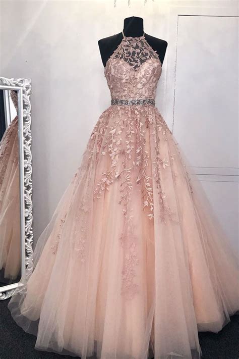 High Neck Pink Lace Prom Dresses Pink Lace Formal Evening Graduation