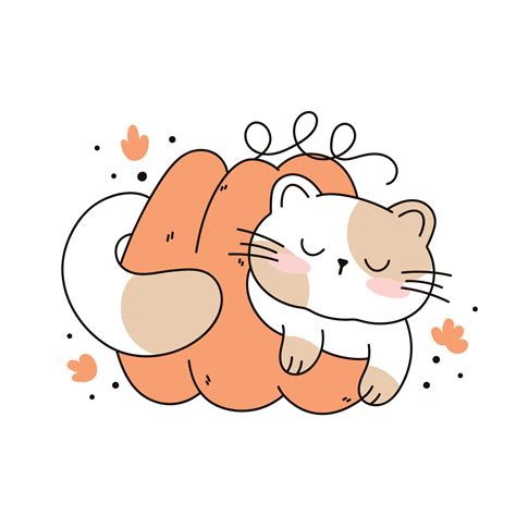 Draw Funny Cat Sleeping In A Pumpkin Kawaii Cat With Pumpkin For