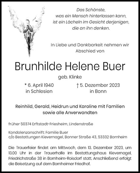 Traueranzeigen Von Brunhilde Helene Buer Wirtrauern