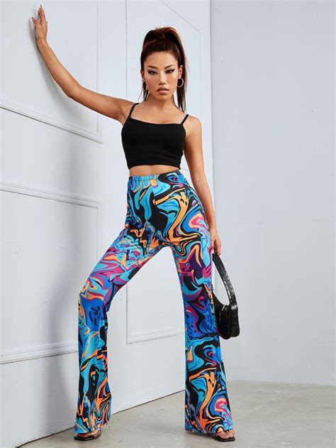 SHEIN Marble Print Flare Leg Trousers SHEIN UK