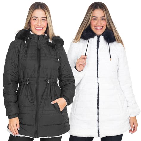 Jaqueta Parka Feminina Dupla Face Nylon Peluciada Capuz Preto