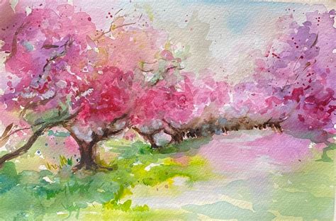 Blossom Trees Original Watercolor Painting Pink Flowers Spring Blossom Landscape Wall Decor Etsy