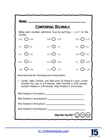 Comparing Decimals Worksheets 15