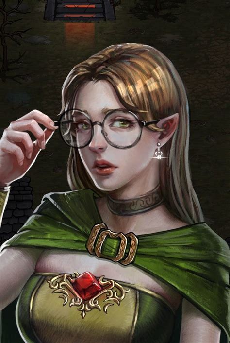 F Half Elf Wizard Robes Cloak Brooch Glasses Portrait Female Urban City Tavern Lg Female Elf