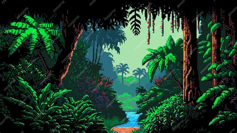 Jungle Forest Landscape Or Ai Generated 8bit Pixel Game Scene Vector Background Tropical Jungle