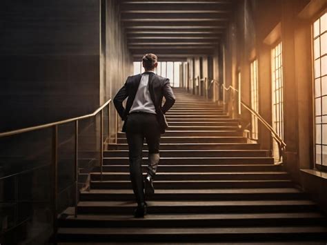 Ambitious Business Man Climbing Stairs To Success Premium Ai