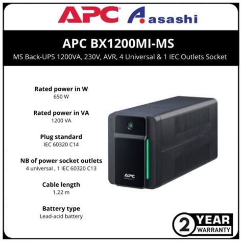 Apc Bx1200mi Ms Back Ups 1200va 230v Avr 4 Universal 1 Iec Outlets