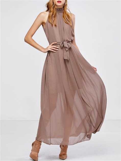 Dark Khaki One Size Maxi Long Chiffon Sheer Swing Prom Party Dress