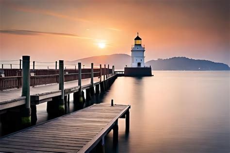 Premium AI Image | a lighthouse sits on a pier at sunset.