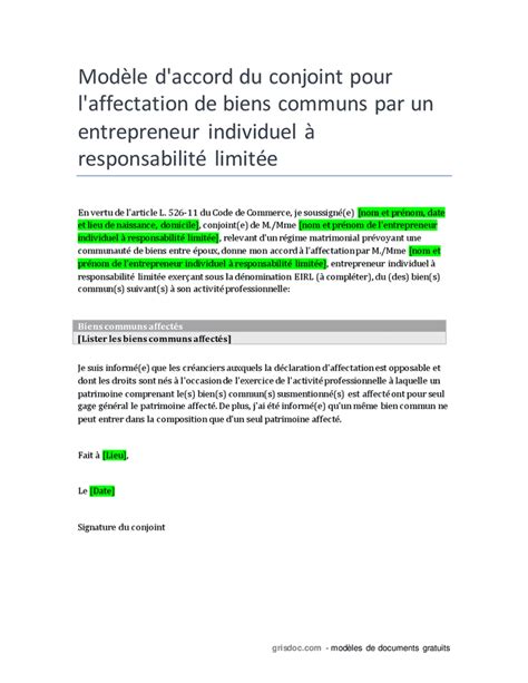 Modele Accord Conjoint EIRL DOC PDF Page 1 Sur 1