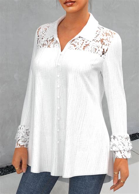 Rotita Lace Stitching Turndown Collar White Blouse Usd