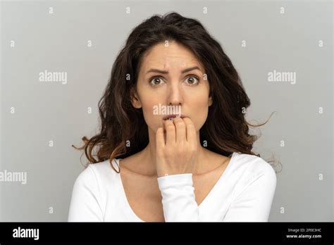 Shy Awkward Young Woman Biting Nails Feeling Embarrassed Confused And