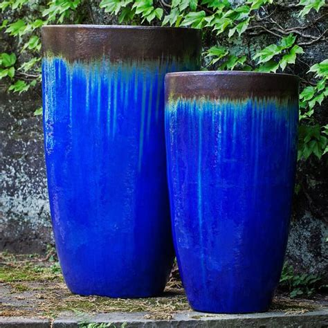 Blue Glazed Terra Cotta Tapered Planters Set Of Planters Planter