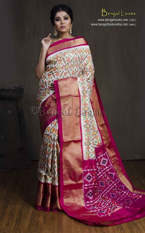 Patola Double Ikkat Silk Saree In Off White Rani And Gold Ikkat Silk