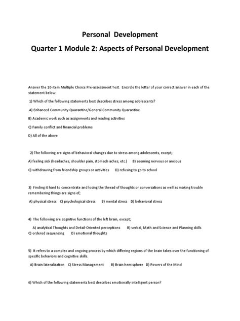 Personal Development Quarter 1 Module 2 Answer Sheet Pdf Handedness