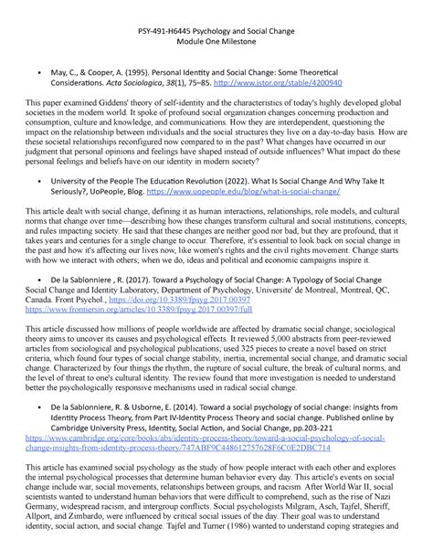 Psy H Psychology And Social Change Module One Milestone