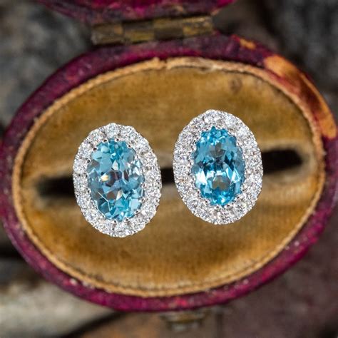 Oval Aquamarine W Diamond Halo Earrings K White Gold