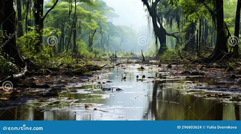 Swamp Forest With A Light Mist Quagmire In The Spring Green Forest