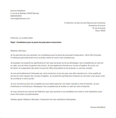 Exemple Lettre De Motivation Polyvalent Restauration Hellowork