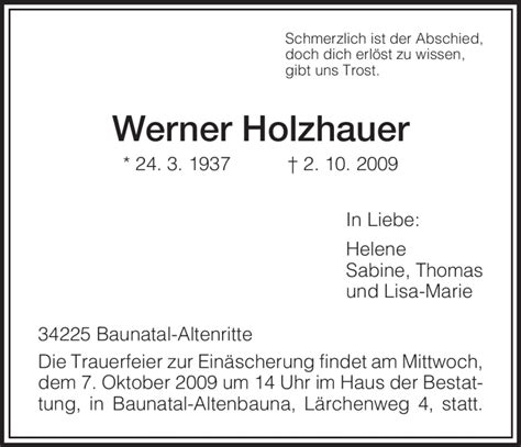 Traueranzeigen Von Werner Holzhauer Trauer Hna De