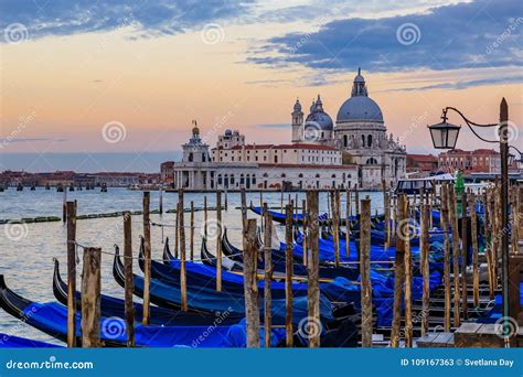 Gondolas Along Grand Canal At St Marco Square With Basilica Of S Stock