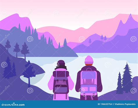 Vetor De Duas Pessoas Que Estão Viajando Em Montanhas Ilustração do