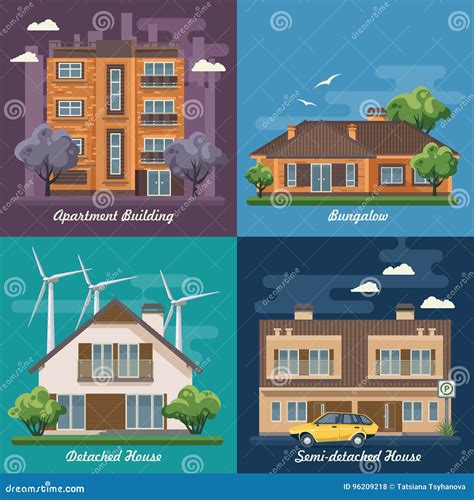 Vector Set Of Illustration With Buildings Detached House Semi