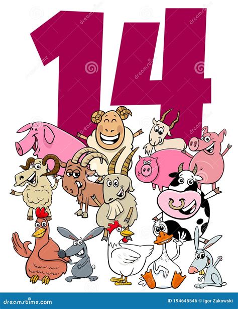 Number Fourteen for Kids with Cartoon Farm Animals Group Stock Vector ...