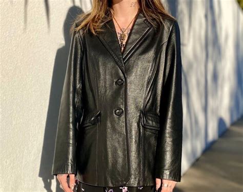 Vintage Leather Jacket 90s Minimalist Leather Coat Womens Classic Black Leather Blazer