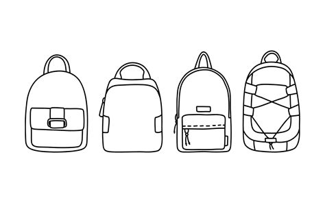 Backpack rucksack set doodle black and white simple vector illustration ...