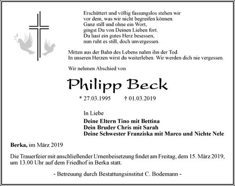 Traueranzeigen Von Philipp Beck Trauer In Thueringen De