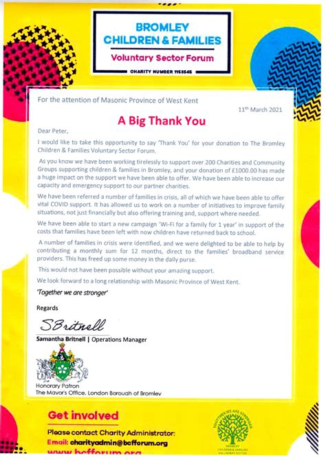 Thank you letter from Bromley Children & Families Voluntary Sector