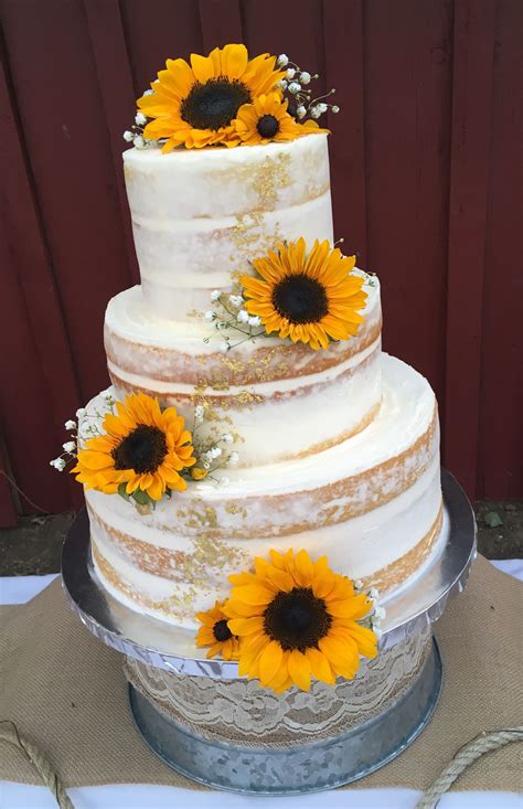 Naked Cake With Sunflowers And Gold Foil Accents For A Ranch Wedding Sunflower Wedding Cake