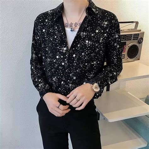 Casual Sequins Printed Slim Fit Long Sleeved Shirt Mens Five Pointed